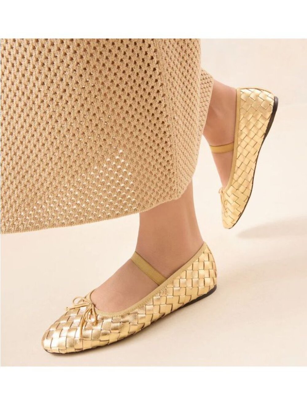 LOEFFLER RANDALL Leonie Mary Jane Ballet Flat Size 9 Gold Woven Leather NEW $295